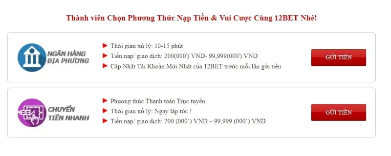 Chọn phương thức gửi tiền vào tài khoản nhà cái 12Bet