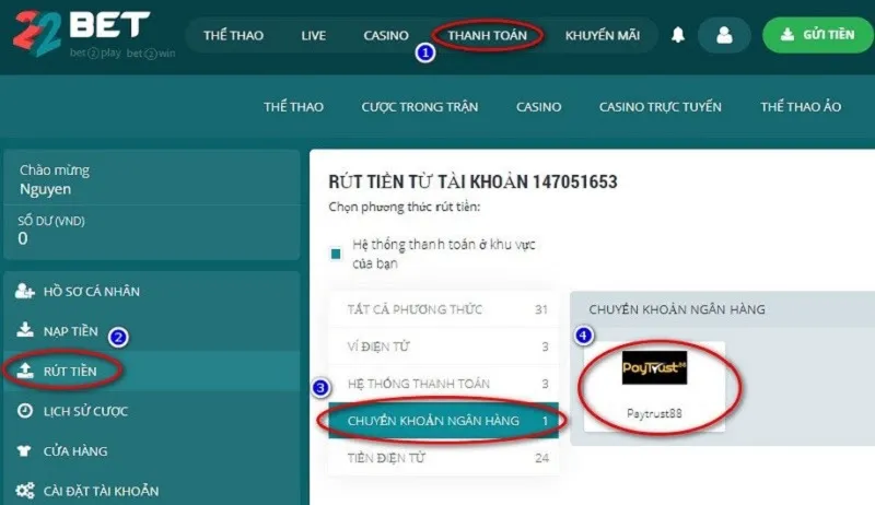 Các bước rút tiền đơn giản, nhanh chóng tại nhà cái 22Bet