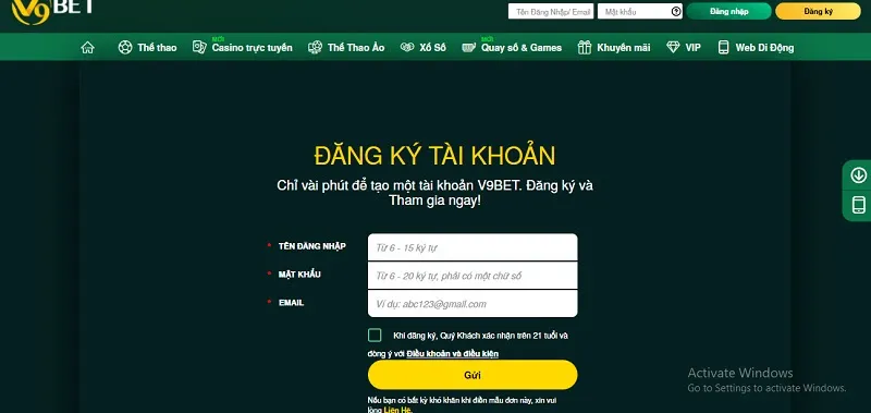 Đăng ký tài khoản cực dễ dàng tại nhà cái V9Bet chính chủ