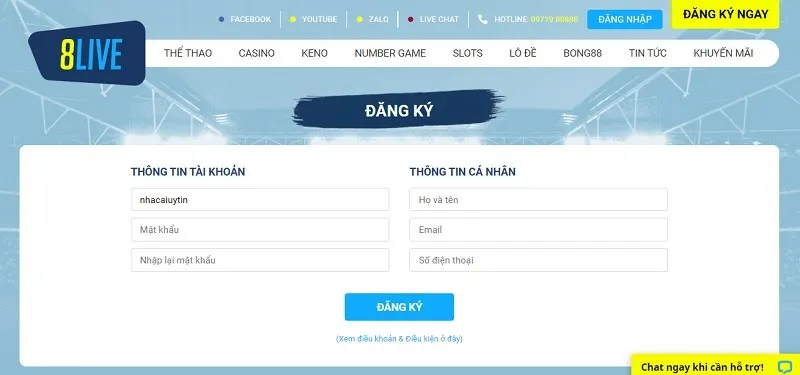 Đăng ký tài khoản tại nhà cái 8Live