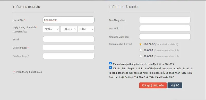 Đăng ký tài khoản tại Bong99