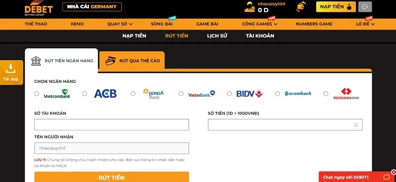 Rút tiền tại nhà cái Debet