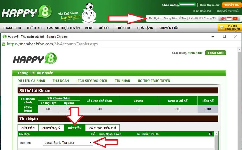 Rút tiền từ tài khoản nhà cái HAPPY8