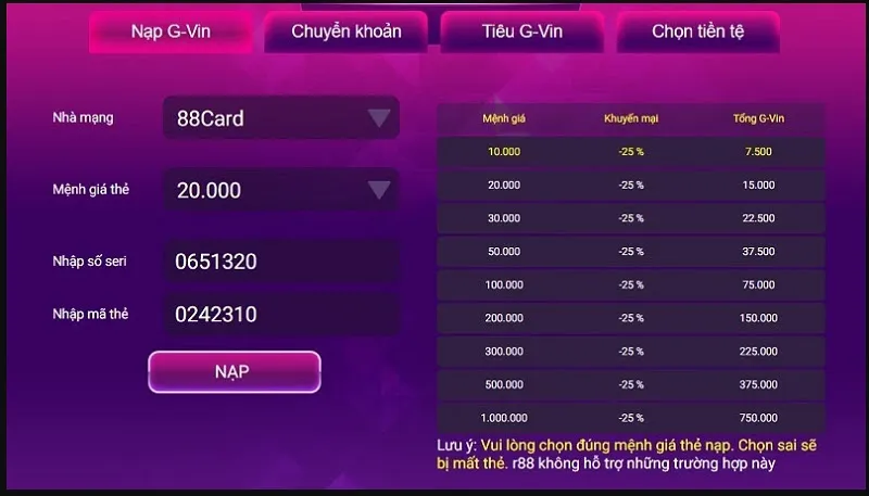 Thao tác nạp tiền nhanh chóng và an toàn tại cổng game bài R88