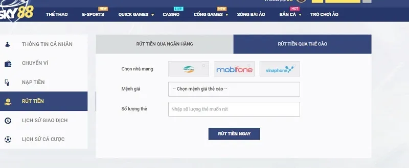 Hình thức rút tiền qua thẻ cào điện thoại của nhà cái Sky88