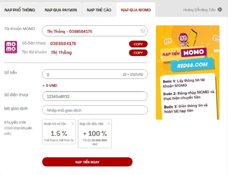 Nạp bằng momo nhận phí hoàn trả lên đến 1.5%