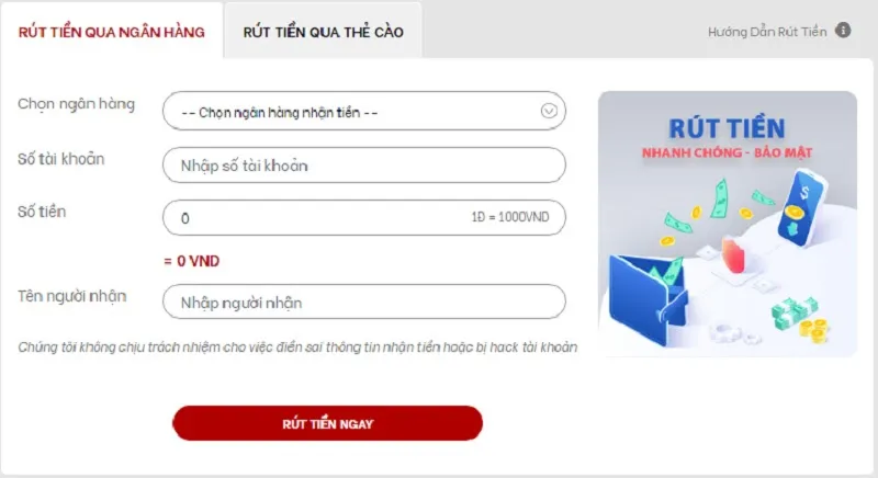 Rút tiền thuận tiện với 2 hình thức thẻ cào và ngân hàng