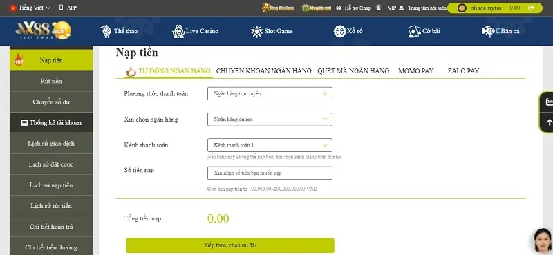 Nạp tiền tại nhà cái VX88