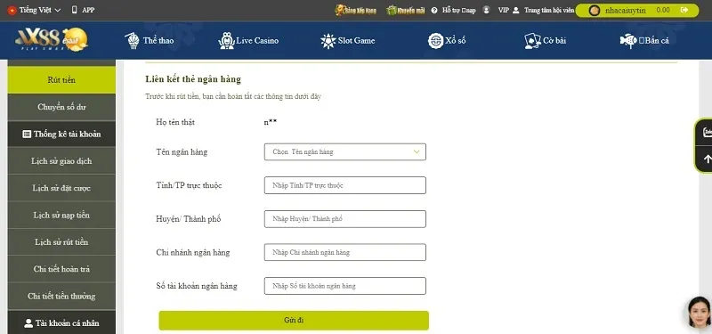 Liên kết ngân hàng trước khi rút tiền tại nhà cái VX88