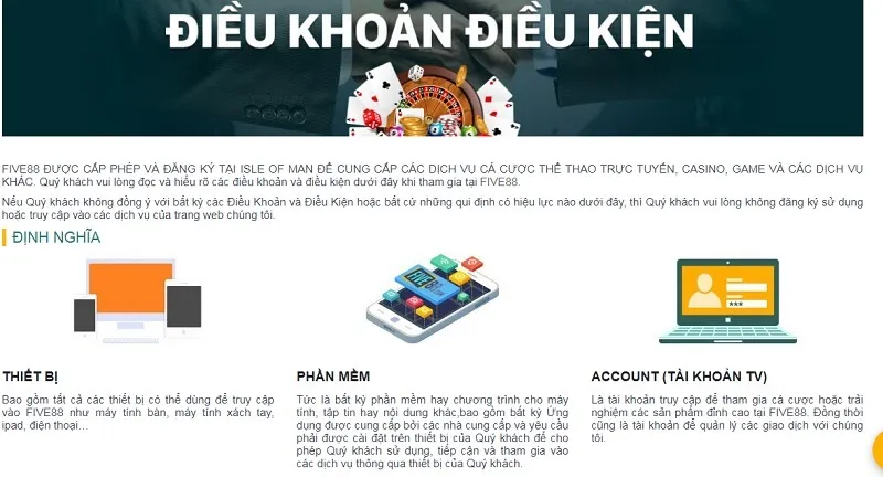 Điều khoản và Điều kiện siêu chỉn chu của nhà cá cược Five88