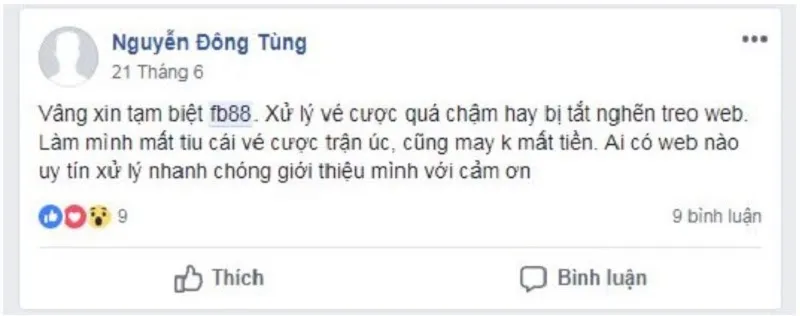 Người chơi đăng bài phốt FB88 trên trang mạng xã hội