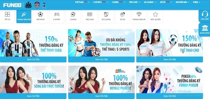 Nhà cái Fun88 thưởng 150% cho lần đầu đăng ký thể thao Saba