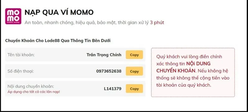 Thông tin biểu mẫu nạp tiền bằng momo