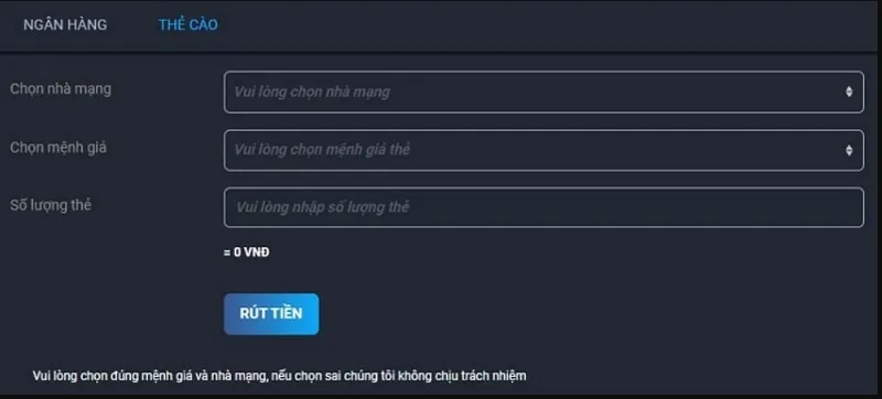 Biểu mẫu thông tin rút tiền bằng thẻ cào