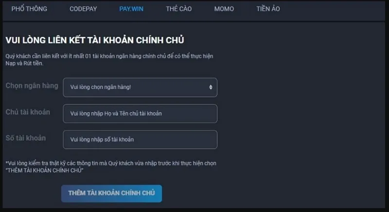 Giao diện biểu mẫu nạp tiền Pay Win