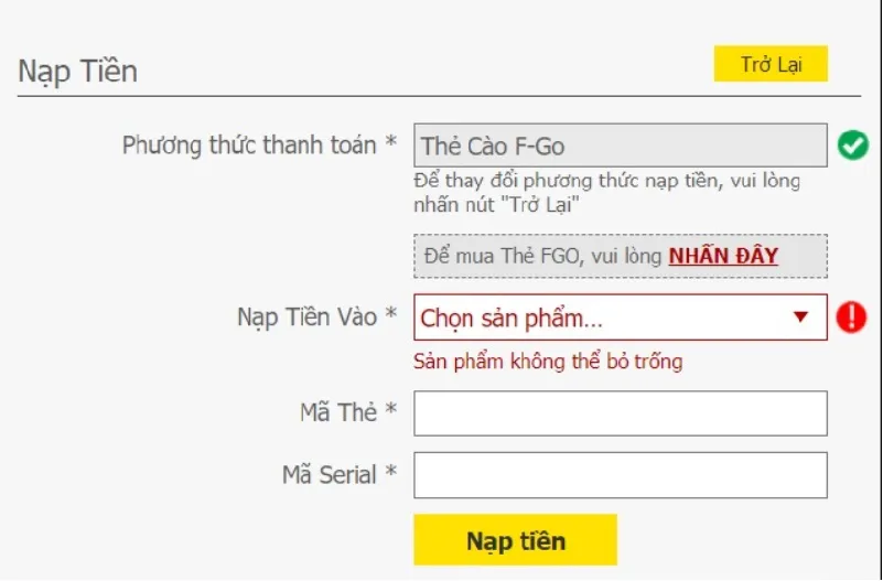 Nạp tiền qua F-Go