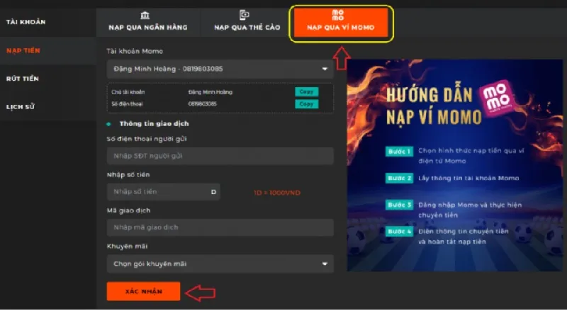 Nạp tiền qua ví Momo