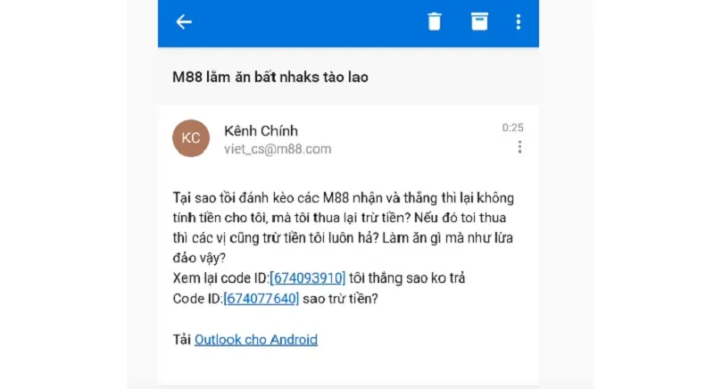 Email tố cáo M88 lừa đảo của người chơi