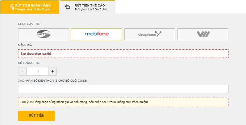 Rút tiền về thẻ cào tại Five88