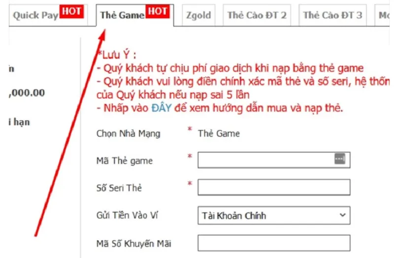 Nạp tiền vào W88 thông qua thẻ game