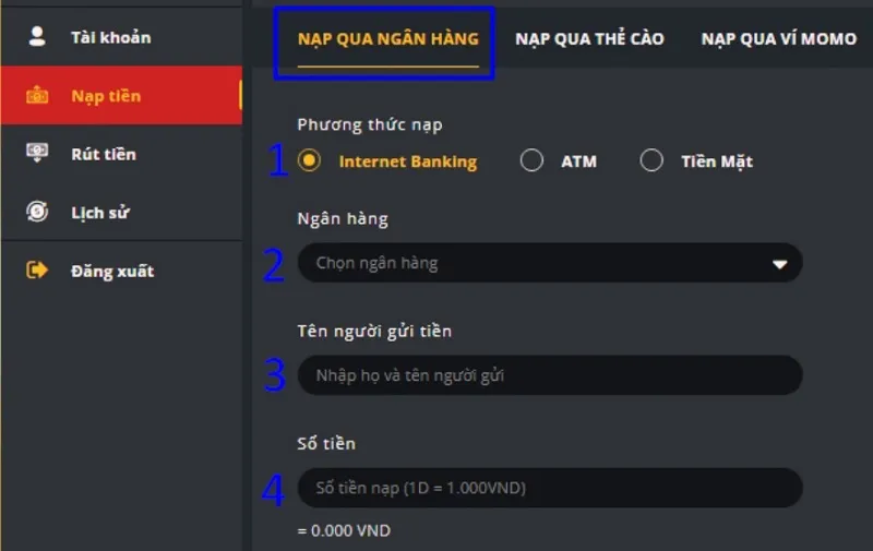 Nạp tiền vào nhà cái Debet thông qua ngân hàng