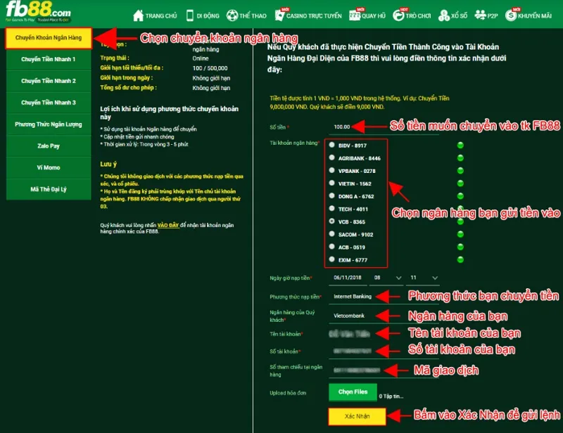 Hướng dẫn cách nạp tiền tại FB88
