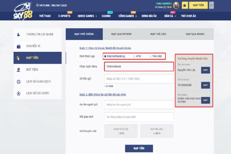 Nạp tiền phổ thông tại Sky88