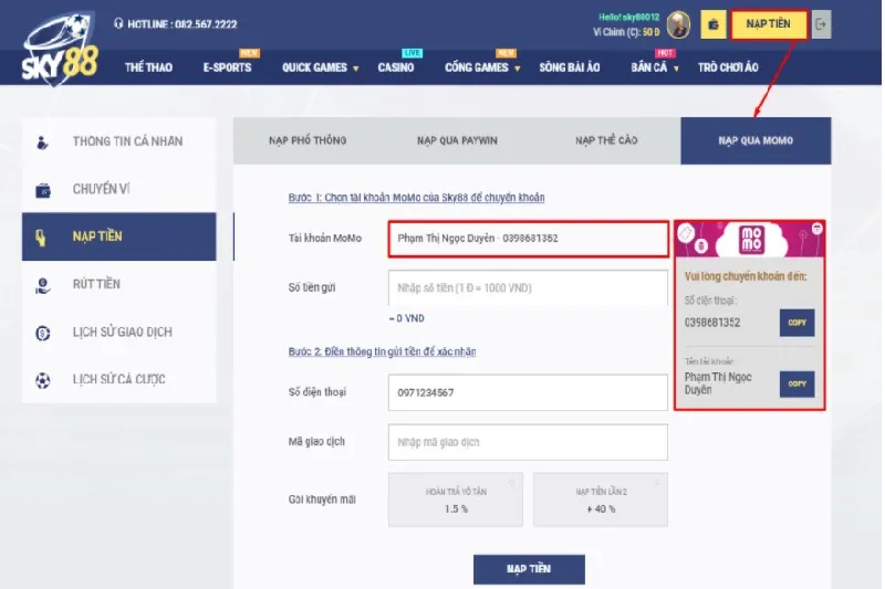 Nạp tiền qua Momo tại Sky88