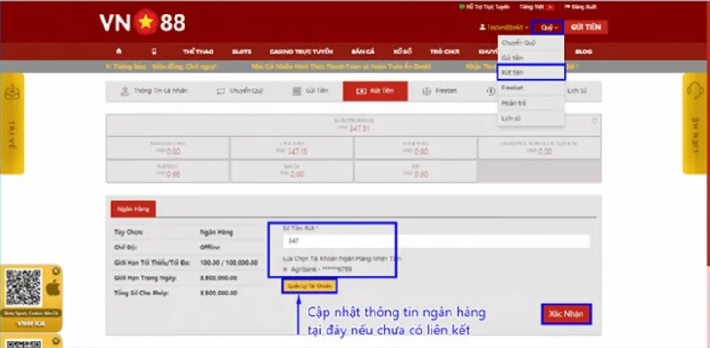 Rút tiền qua ngân hàng tại VN88