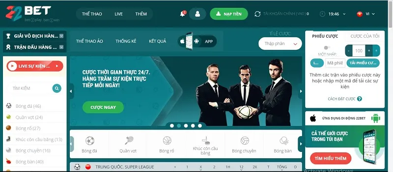 Giao diện của trang chủ nhà cái 22Bet