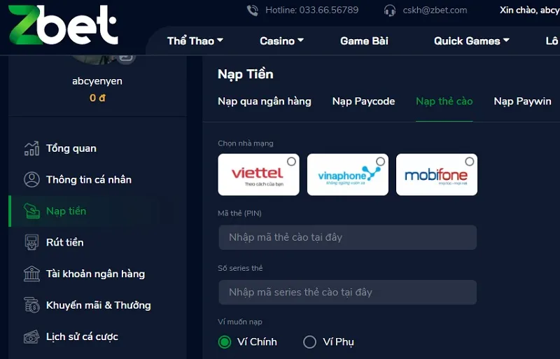 Nạp tiền bằng thẻ cào là phương thức phổ biến nhất  zbet