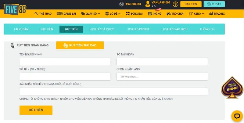Cách nạp và rút tiền tại nhà cái Five88