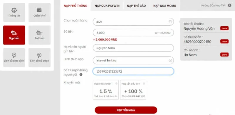 Hướng dẫn nạp rút tiền tại Red88