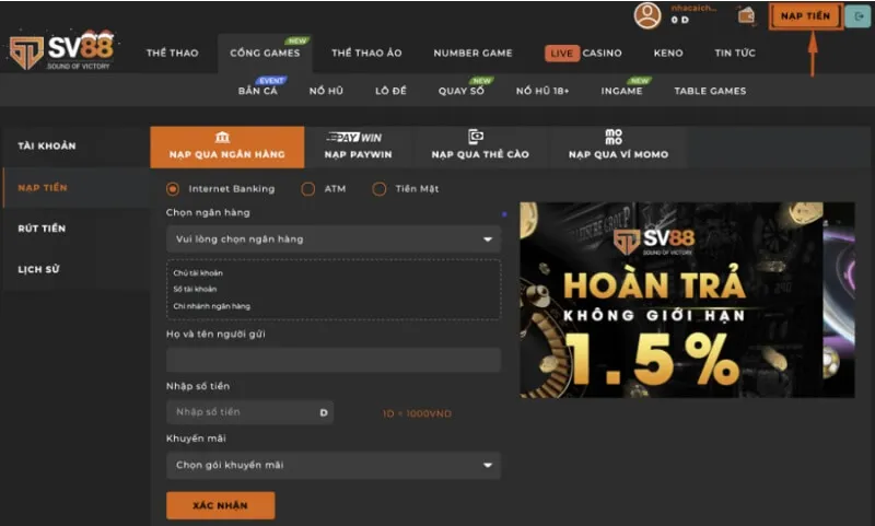 Hướng dẫn thao tác nạp, rút tiền tại SV88