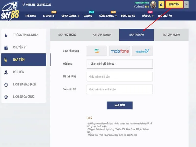 Quy trình nạp rút tiền đơn giản tại Sky88