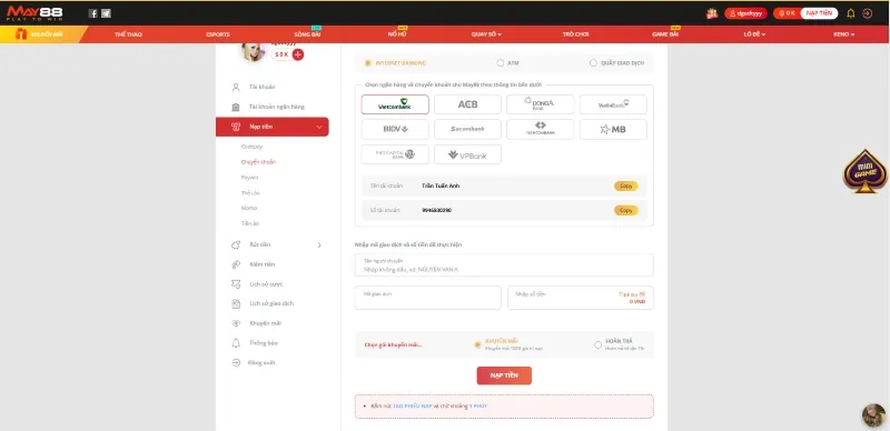 chuyển khoản May88