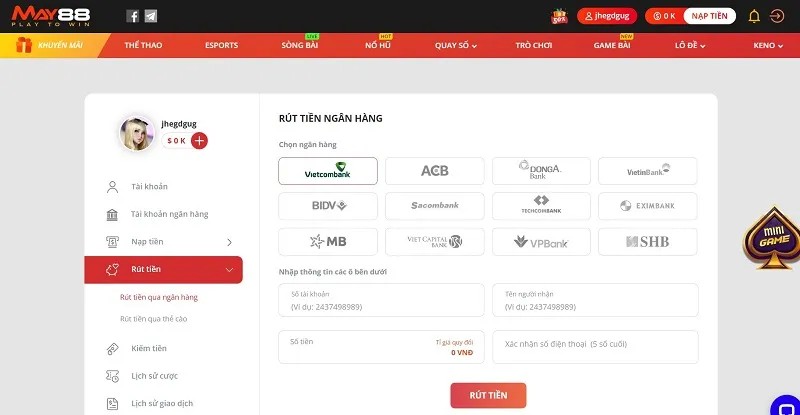 rút tiền May88 vê ngân hàng
