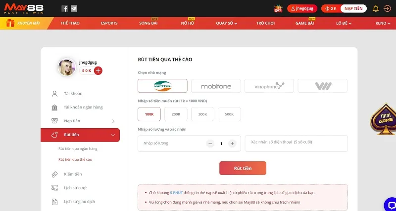 rút tiền May88 bằng thẻ cào