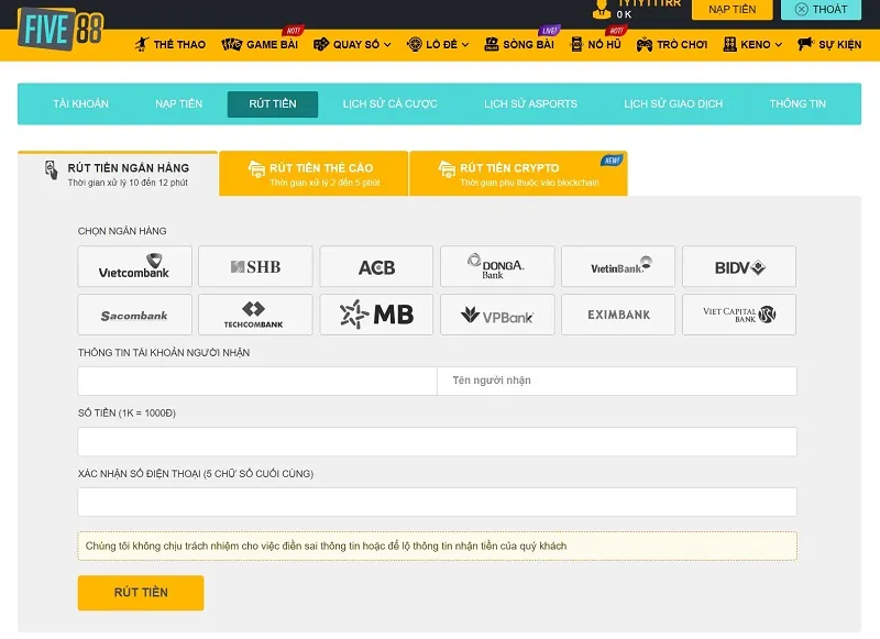 rút tiền Five88 về ngân hàng