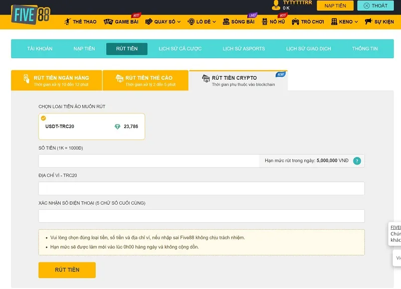 rút tiền Five88 bằng tiền ảo