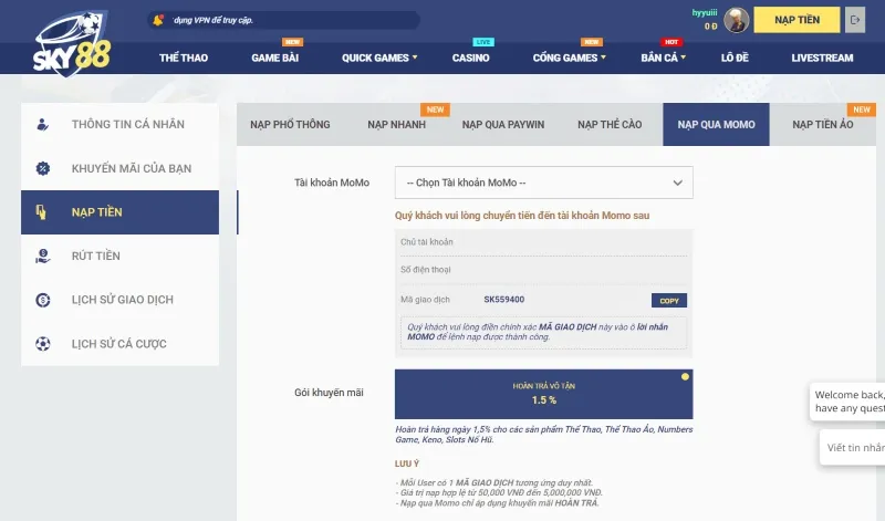 lưu ý khi nạp Sky88