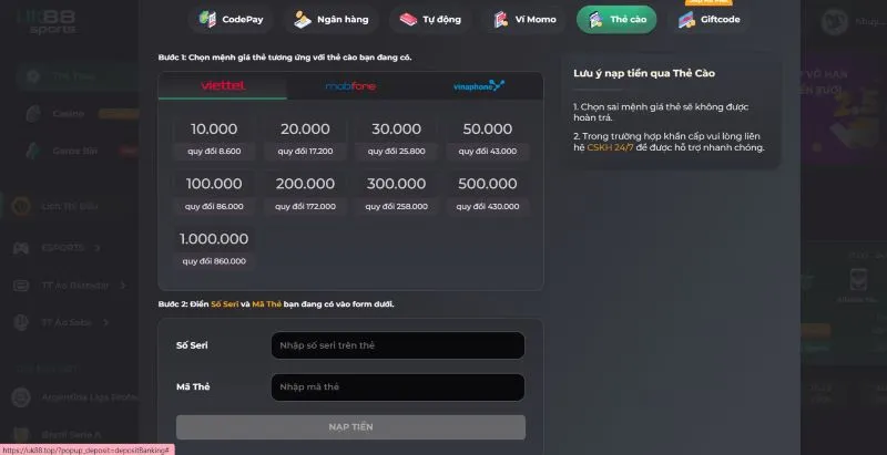 nạp UK88 qua thẻ cào