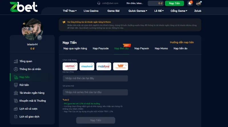 nạp Zbet qua thẻ cào