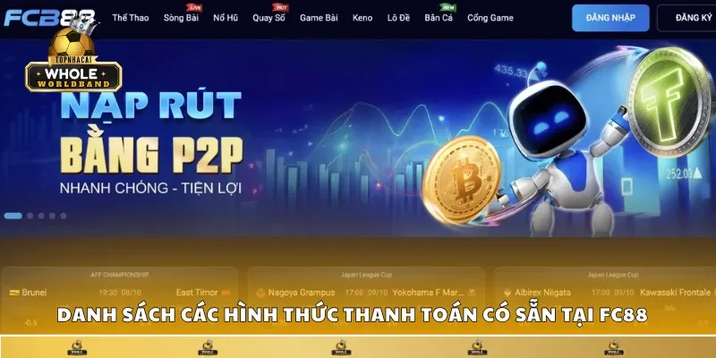 Danh sách các hình thức thanh toán có sẵn tại FC88