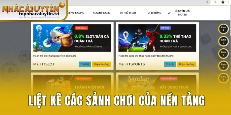 Liệt kê các sảnh chơi của nền tảng